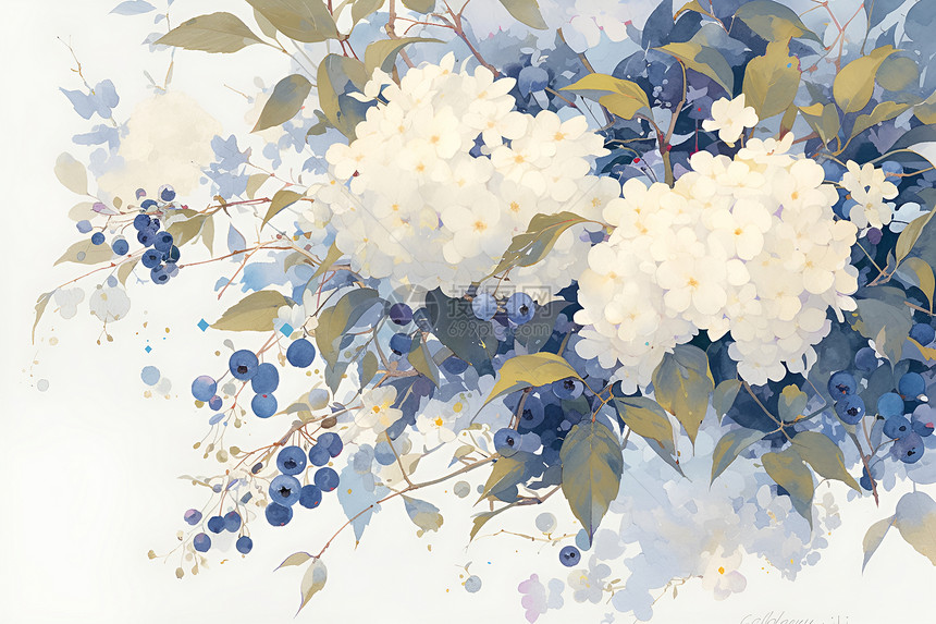 优雅的白色绣球花与蓝莓图片