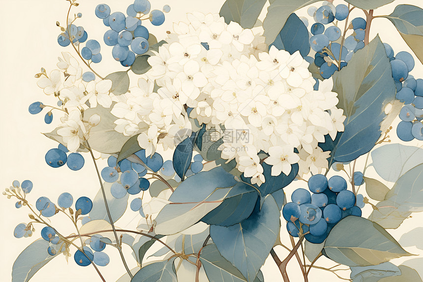 清新绽放的绣球花与蓝莓图片