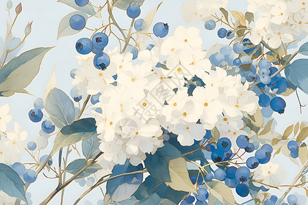 白色绣球与蓝莓插画