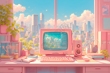 城市主题窗前的粉色复古电脑插画
