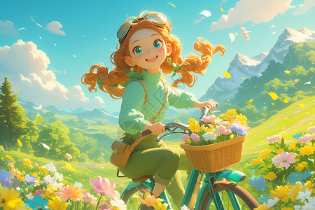 花海中骑自行车的少女背景图片