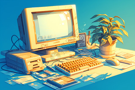 办公桌静物复古电脑桌面插画