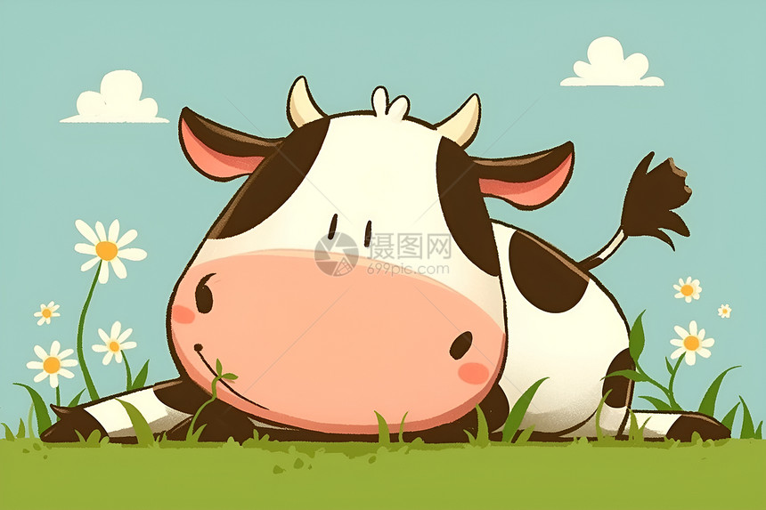 快乐的奶牛在绿色牧场上图片