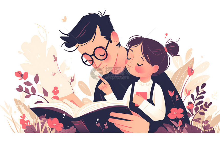 女孩和父亲一起读书图片