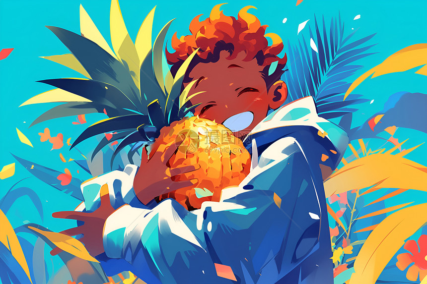 快乐少年抱着金黄的菠萝图片