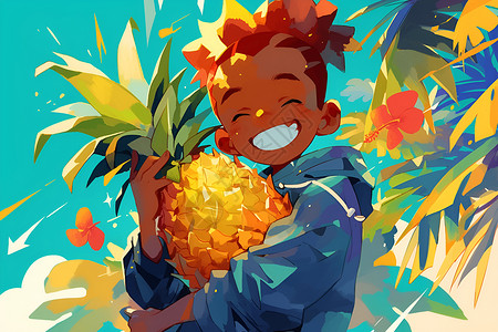 男孩抱着金黄的菠萝高清图片