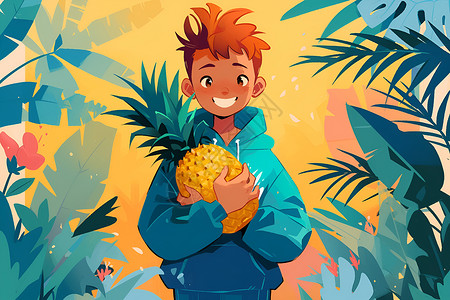 丛林里抱着菠萝的男孩高清图片