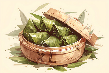 美味粽子竹笼里的粽子插画