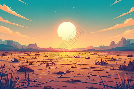 干涸的沙漠夕阳下的干旱土地插画