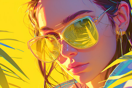青年女性与柠檬阳光下的太阳镜女人插画