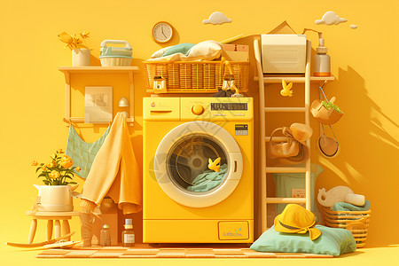 木质衣架黄色洗衣机插画