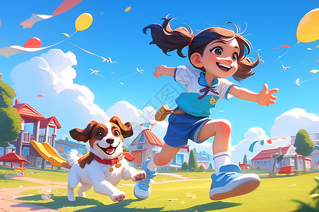 狗的房子草地上奔跑的女孩和狗插画