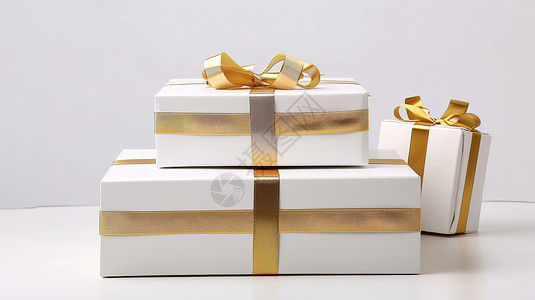 丝带蝴蝶结背景三个白色盒子上装饰着金色丝带背景