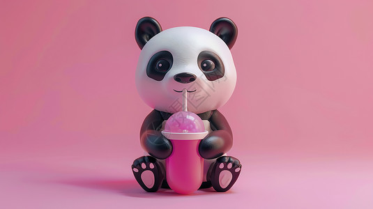 熊猫玩偶熊猫拿着粉色饮料背景