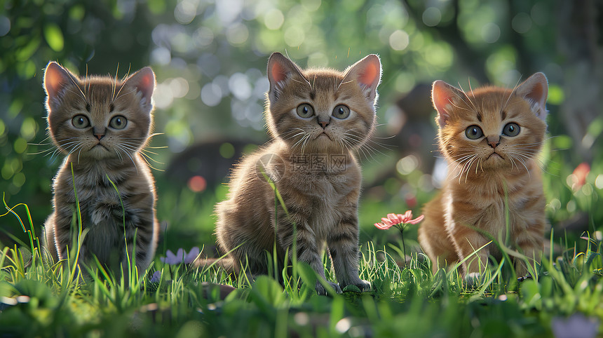 草地上的三只小猫图片