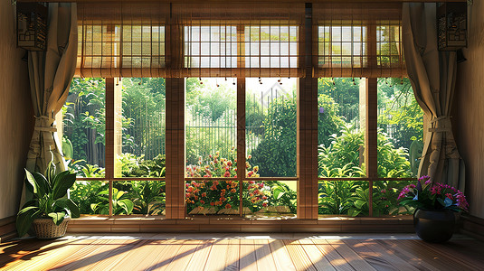 中式花园落地窗背景图片