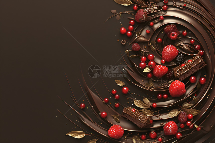巧克力漩涡上的红莓图片