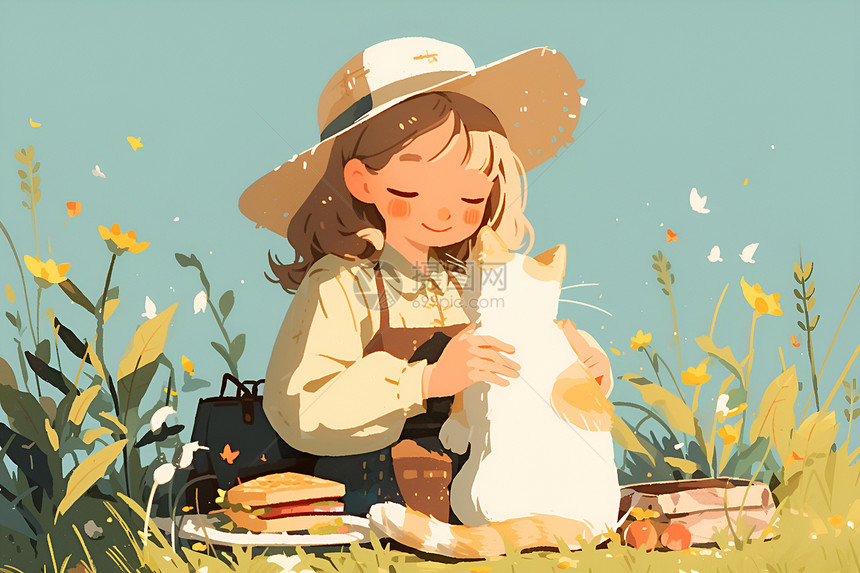 女孩和猫咪一起的野餐图片