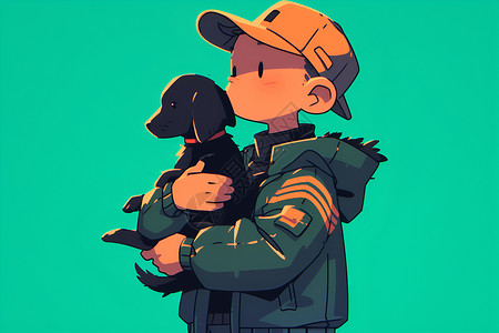 小男孩抱着黑色小狗背景图片