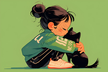 抱着小狗的女孩绿衣女孩抱着黑色小狗插画