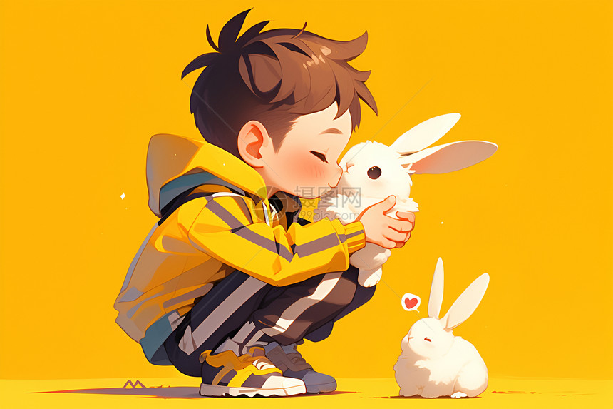 男孩抱着小白兔图片