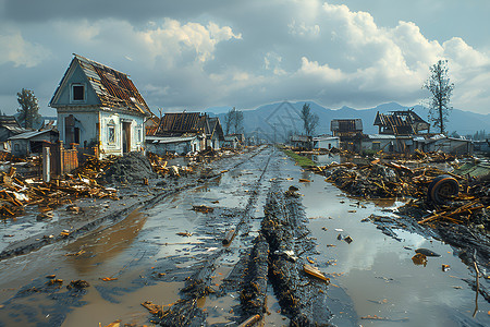 新型城镇洪水后的破坏景象背景