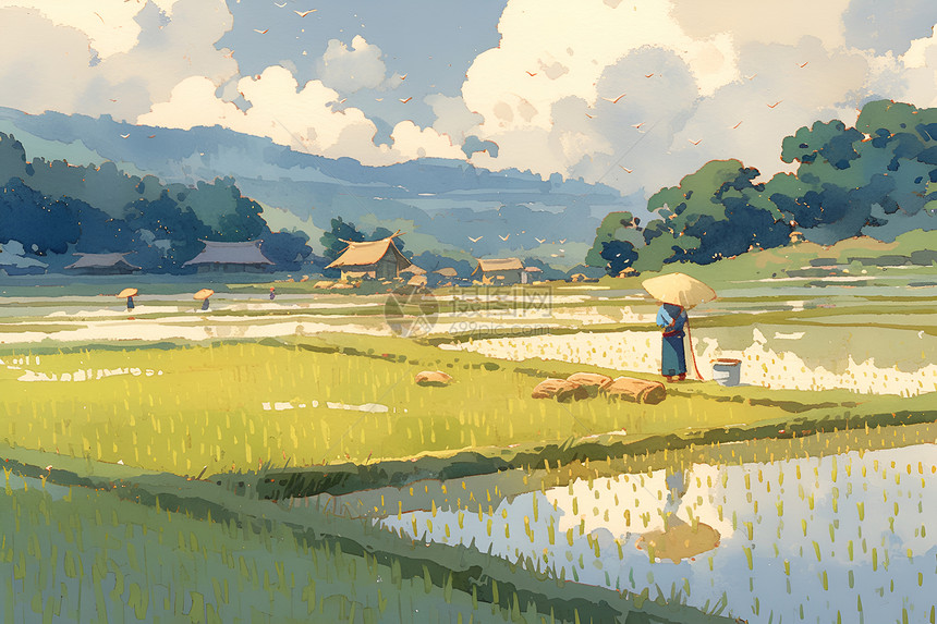 雨中稻田的优美景观图片