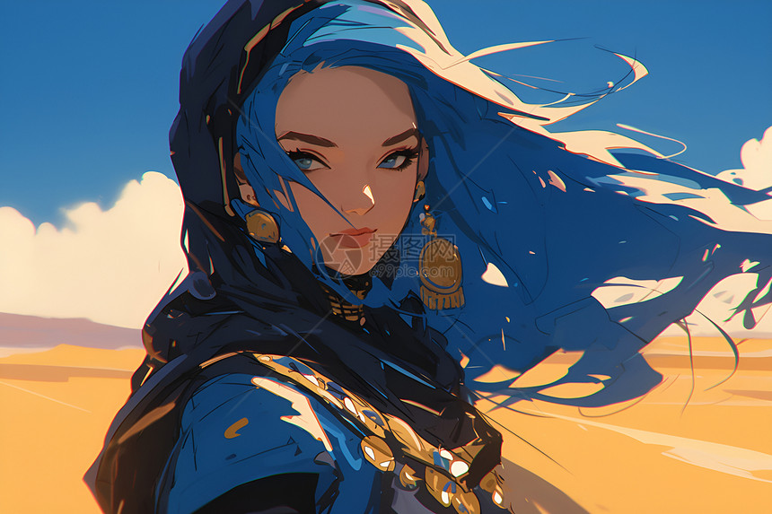 沙漠上的蓝发女子图片