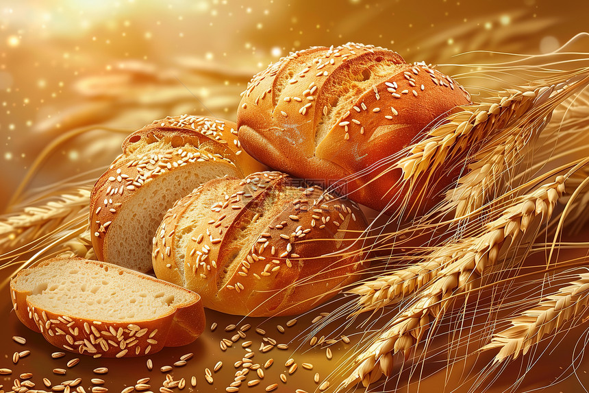麦田中的面包与麦粒图片