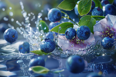 漂浮绿叶水中漂浮着一捧蓝莓背景