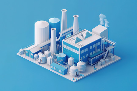 白色工厂白色建筑在蓝色背景下插画