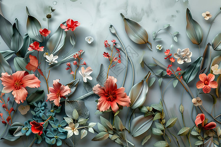 石墨绘墙上绘有花朵和叶子插画