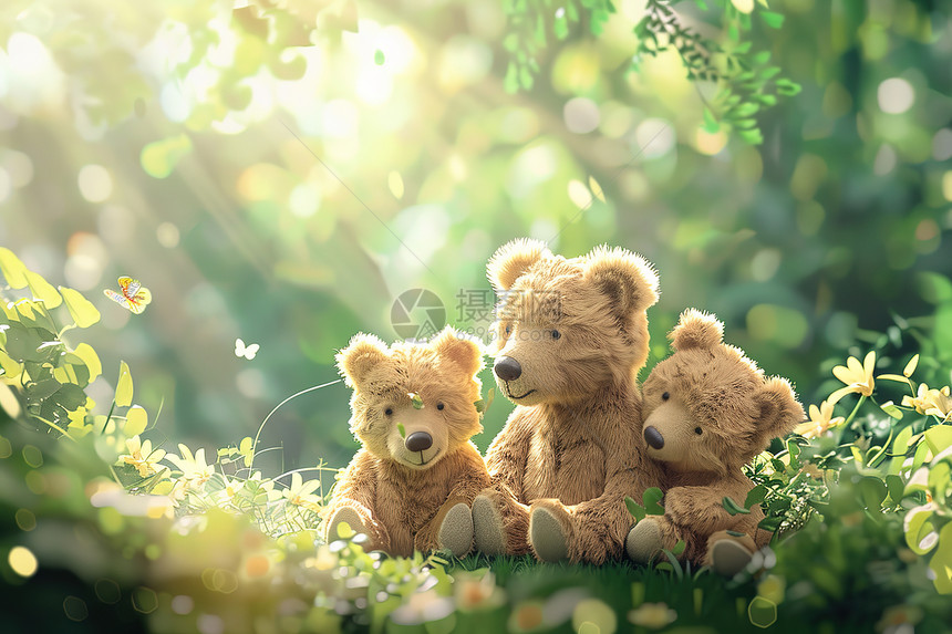 三只泰迪熊坐在草地上图片