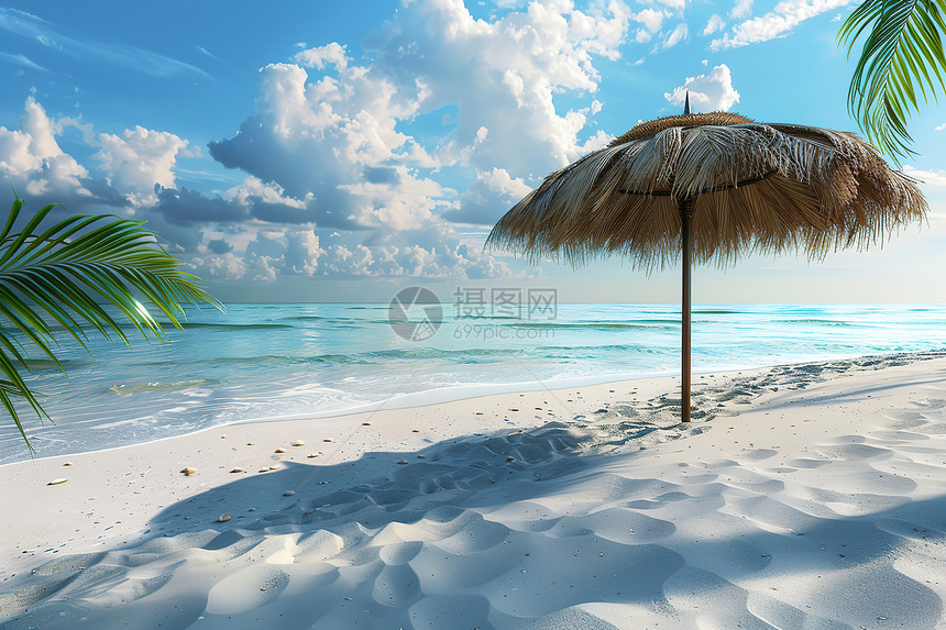 海滩上有一把茅草伞图片