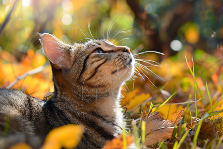 叶子与猫猫咪倒卧在草地上背景