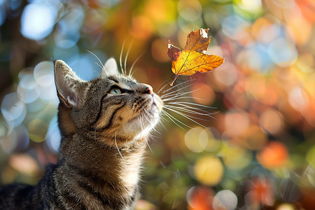 叶子与猫猫仰望着飞舞的叶子背景