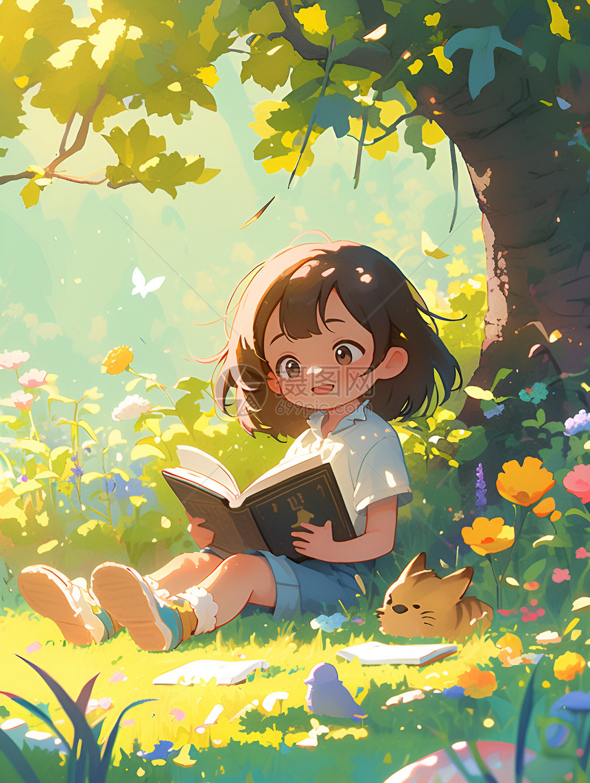 大树下读书的小女孩图片