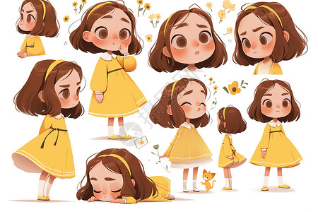 黄裙女孩儿黄裙少女的姿势插画