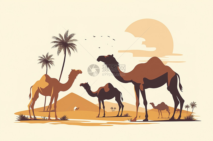 沙漠中一群骆驼图片