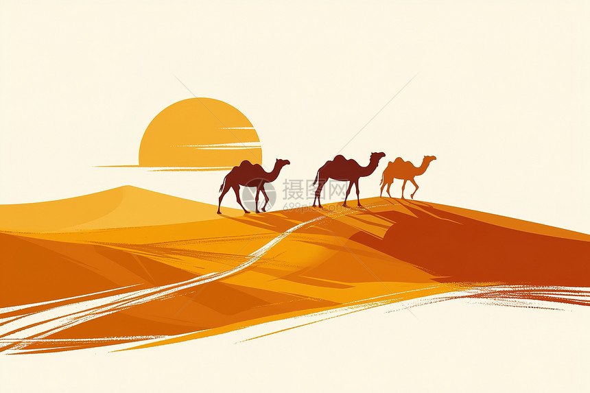 日出下的三只骆驼图片