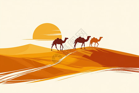 沙子地面日出下的三只骆驼插画
