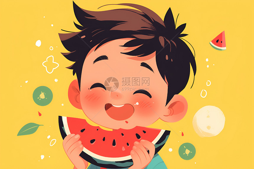 快乐吃西瓜的小男孩图片