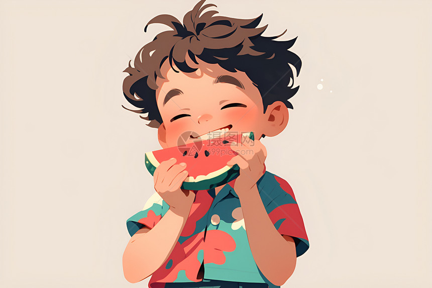 欢乐夏日吃西瓜的小男孩图片