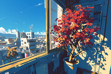 阳台上眺望城市高清图片