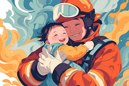 笑容绘勇敢负重前行的消防员插画