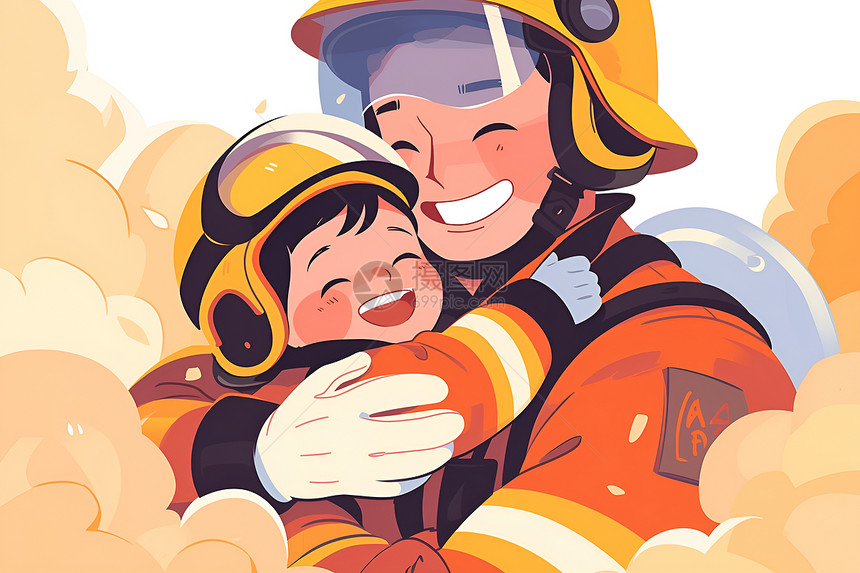 喜悦中的消防员和小女孩图片