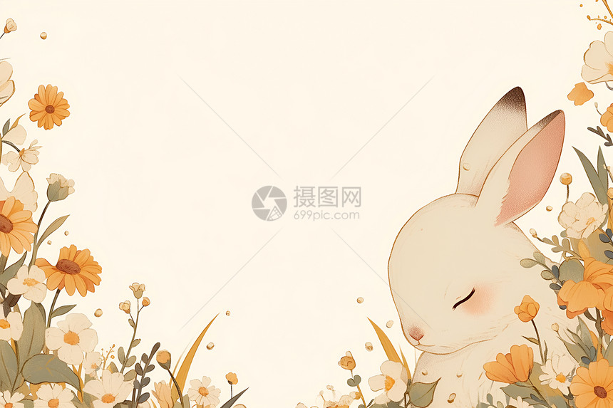 花海中的可爱小白兔图片