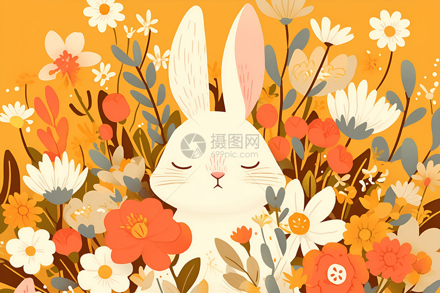 花丛中可爱的大白兔图片