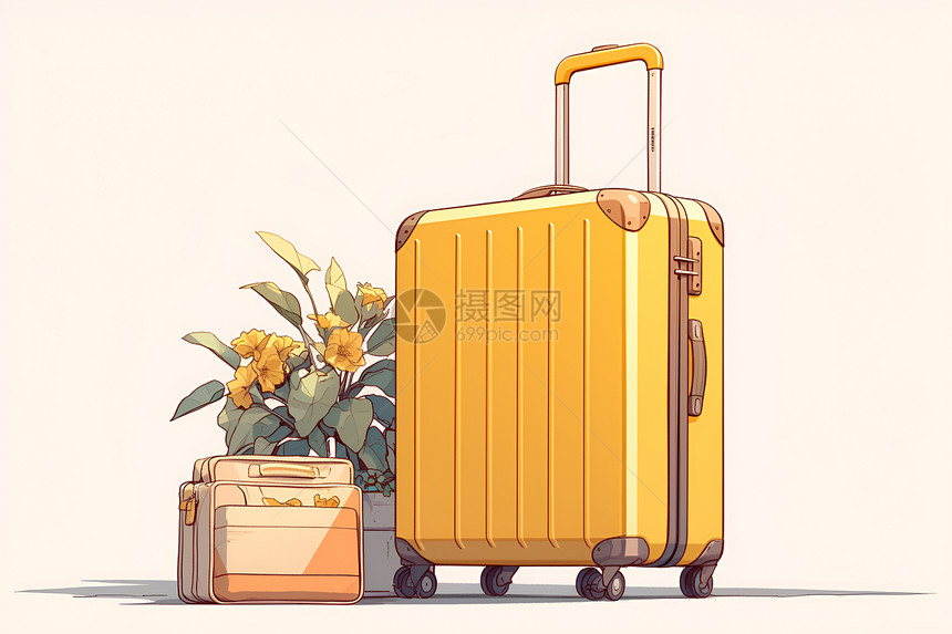 花朵和黄色行李箱图片