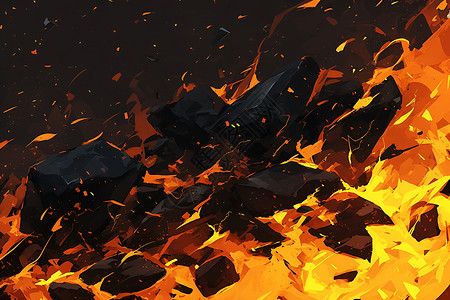 木炭炭火火焰与岩石插画